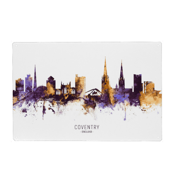 Holzbild "Coventry Skyline PurpleGold" artboxONE - Städte - Coventry,England,Skyline,Cityscape,Stadtbild,Watercolor,City