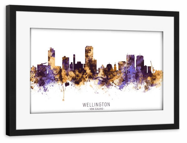 Poster mit Rahmen schwarz "Wellington Skyline PurpleGold" artboxONE - Städte - Wellington,New zealand,Skyline,Cityscape,Stadtbild,Watercolor,City
