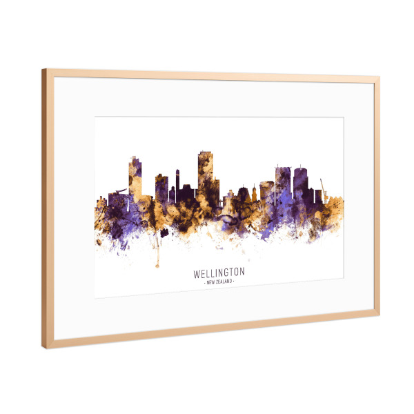 Poster mit Rahmen Kupfer "Wellington Skyline PurpleGold" artboxONE - Städte - Wellington,New zealand,Skyline,Cityscape,Stadtbild,Watercolor,City