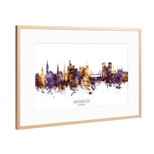 Poster mit Rahmen Kupfer "Inverness Skyline PurpleGold" artboxONE - Städte - Inverness,Scotland,Skyline,Cityscape,Stadtbild,Watercolor,City