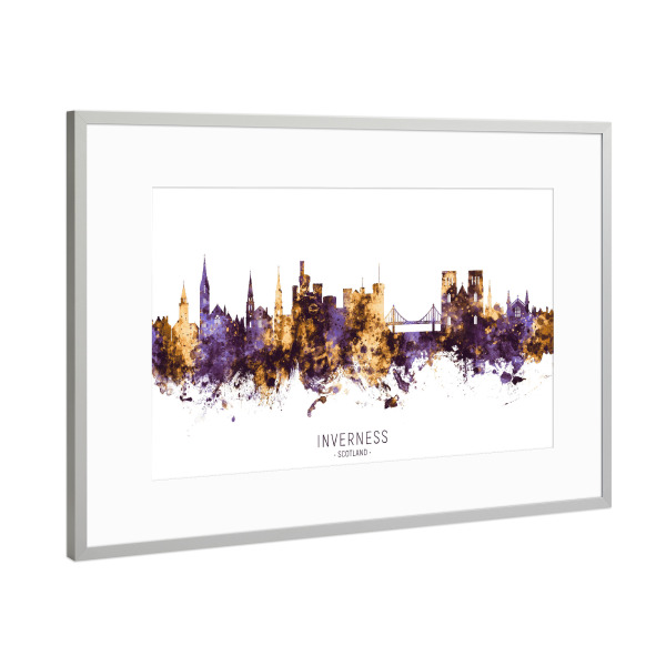 Poster mit Rahmen Silber "Inverness Skyline PurpleGold" artboxONE - Städte - Inverness,Scotland,Skyline,Cityscape,Stadtbild,Watercolor,City