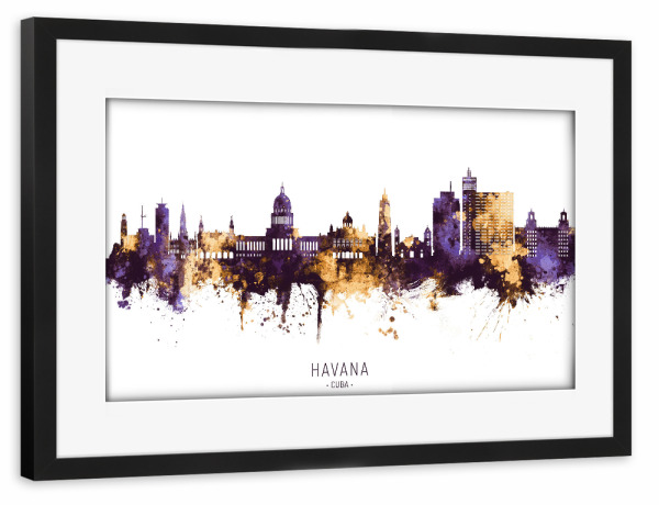 Poster mit Rahmen schwarz "Havana Cuba Skyline PurpleGold" artboxONE - Städte - Havana,Cuba,Skyline,Cityscape,Stadtbild,Watercolor,City
