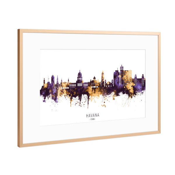 Poster mit Rahmen Kupfer "Havana Cuba Skyline PurpleGold" artboxONE - Städte - Havana,Cuba,Skyline,Cityscape,Stadtbild,Watercolor,City