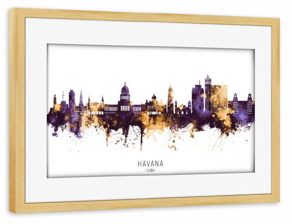 Poster mit Rahmen kiefer "Havana Cuba Skyline PurpleGold" artboxONE - Städte - Havana,Cuba,Skyline,Cityscape,Stadtbild,Watercolor,City