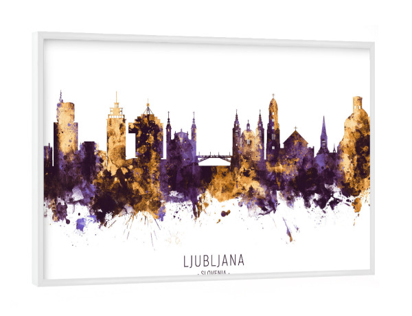 Poster mit weißem Rahmen "Ljubljana Skyline PurpleGold" artboxONE - Städte - Ljubljana,Slovenia,Skyline,Cityscape,Stadtbild,Watercolor,City