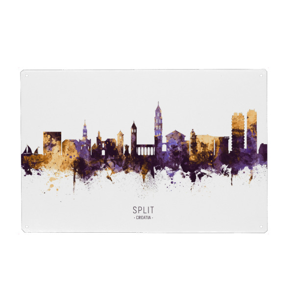 Holzbild "Split Croatia Skyline PurpleGold" artboxONE - Städte - Split,Croatia,Skyline,Cityscape,Stadtbild,Watercolor,City