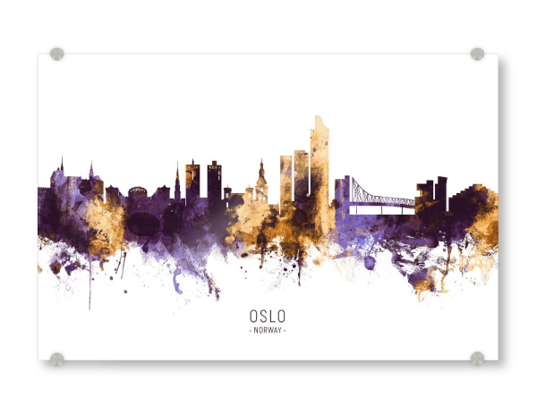 Acrylglasbild "Oslo Norway Skyline PurpleGold" artboxONE - Städte - Oslo,Norway,Skyline,Cityscape,Stadtbild,Watercolor,City