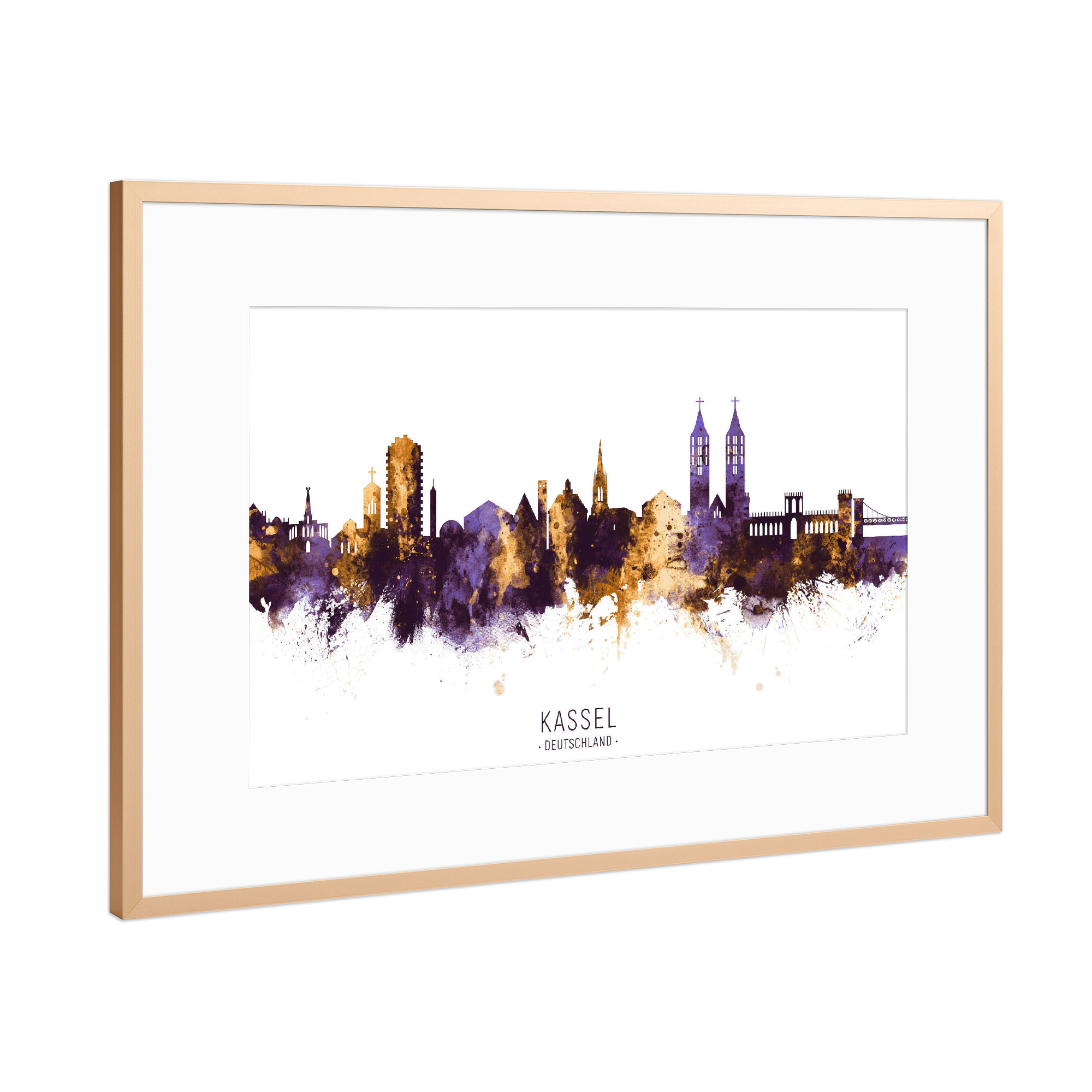 Poster mit Rahmen Kupfer "Kassel Germany Skyline PurpleGold" artboxONE - Städte - Kassel,Deutschland,Skyline,Cityscape,Stadtbild,Watercolor,City