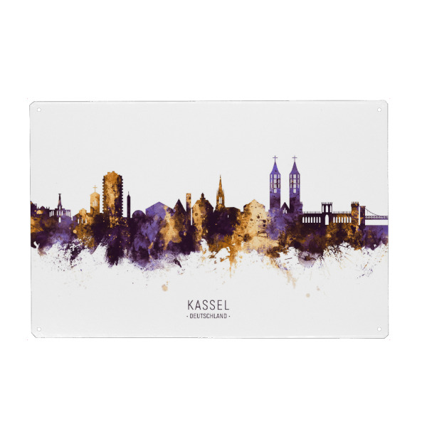 Holzbild "Kassel Germany Skyline PurpleGold" artboxONE - Städte - Kassel,Deutschland,Skyline,Cityscape,Stadtbild,Watercolor,City
