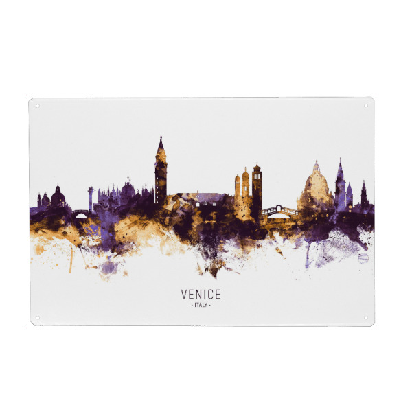 Holzbild "Venice Italy Skyline PurpleGold" artboxONE - Städte / Venedig - Venice,Italy,Skyline,Cityscape,Stadtbild,Watercolor,City