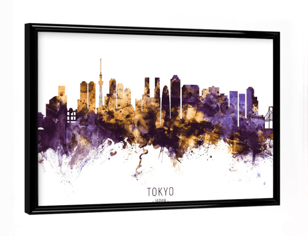 Poster mit schwarzem Rahmen "Tokyo Japan Skyline PurpleGold" artboxONE - Städte / Tokio - Tokyo,Japan,Skyline,Cityscape,Stadtbild,Watercolor,City