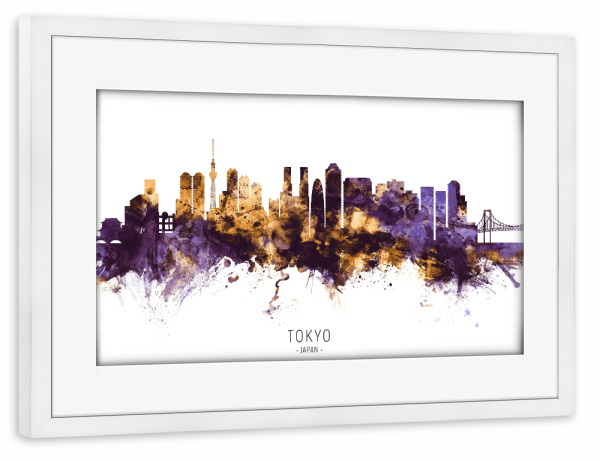 Poster mit Rahmen weiß "Tokyo Japan Skyline PurpleGold" artboxONE - Städte / Tokio - Tokyo,Japan,Skyline,Cityscape,Stadtbild,Watercolor,City