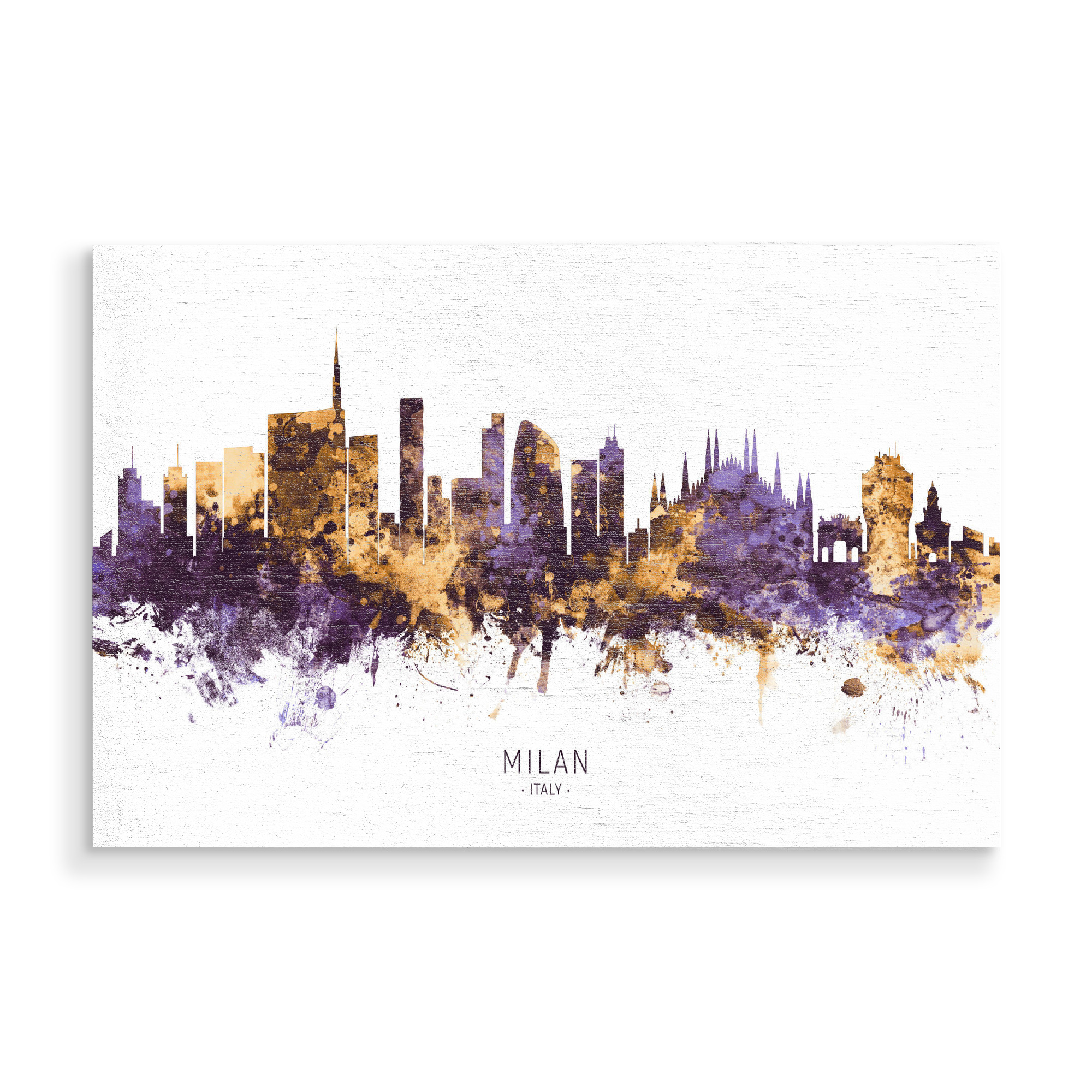 Holzbild "Milan Italy Skyline PurpleGold" artboxONE - Städte,Städte / Mailand - Milan,Italy,Skyline,Cityscape,Stadtbild,Watercolor,City