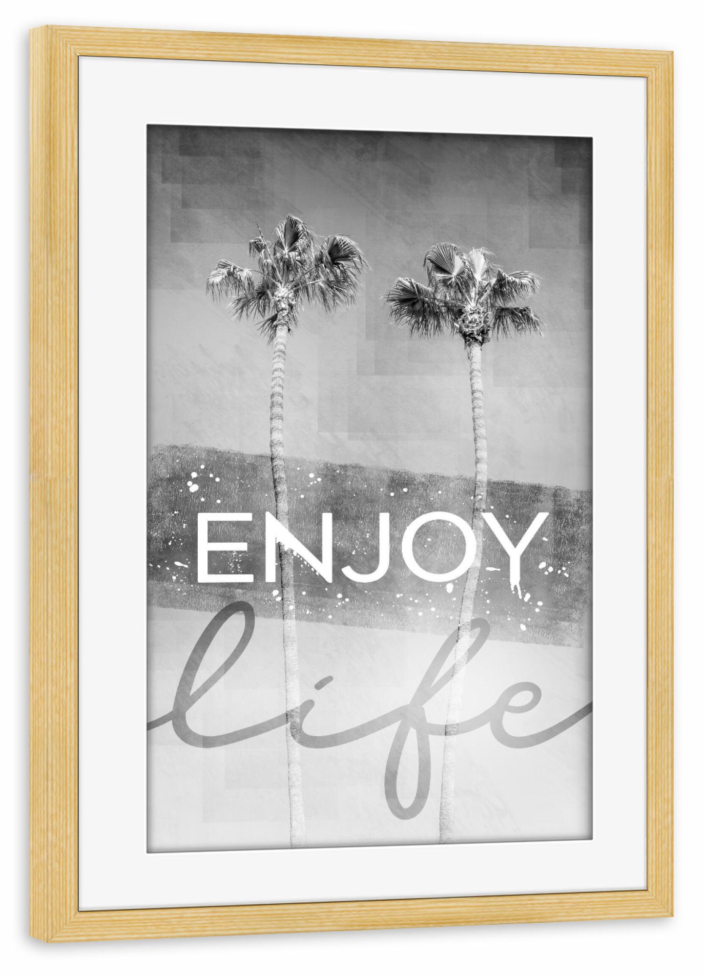 Poster mit Rahmen kiefer "Palmenidylle | enjoy life" artboxONE - Typografie,Schwarzweiß