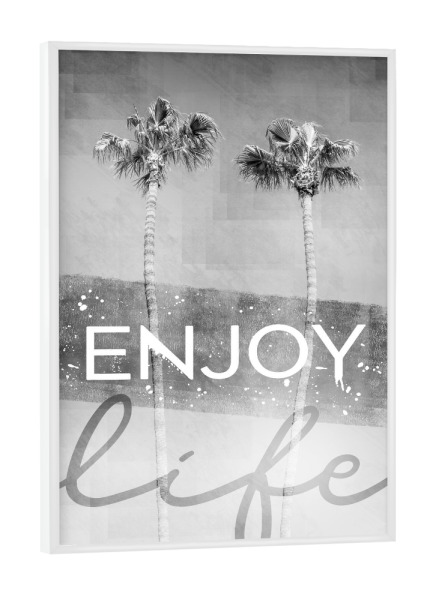 Poster mit weißem Rahmen "Palmenidylle | enjoy life" artboxONE - Typografie,Schwarzweiß