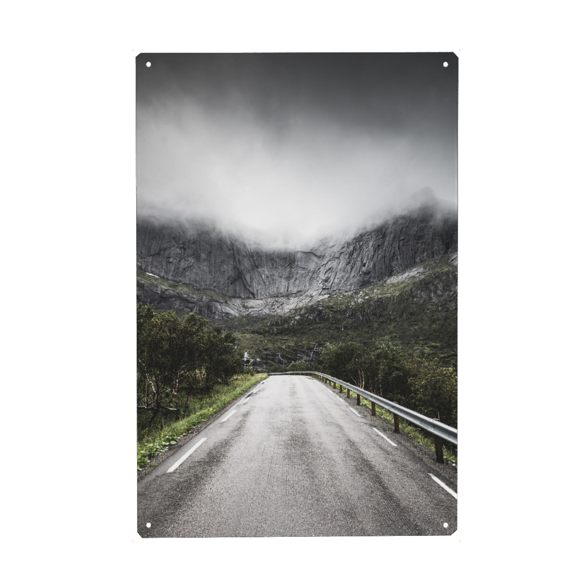 Metall Poster "Rainy road" artboxONE - Reise - Nusfjord,Lofoten,Straße,Norwegen,Wolken,Berge,Natur,Bäume,Rainy - Blechschild