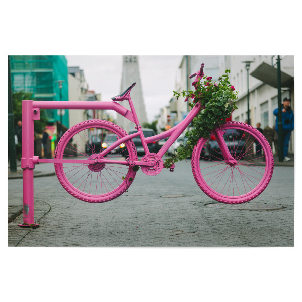 Poster "Fahrrad Blumenbeet" artboxONE - Städte,Floral - Bike,Fahrrad,Rosa,Blumen,Verziert,Stadt,Blumenbeet,Stadt kunst