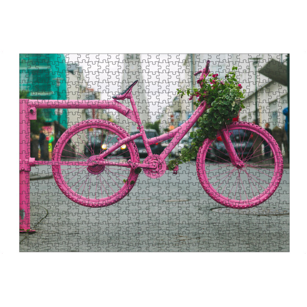 artboxONE Puzzle "Fahrrad Blumenbeet" artboxONE - Städte,Floral - Bike,Fahrrad,Rosa,Blumen,Verziert,Stadt,Blumenbeet,Stadt kunst - Bild bike