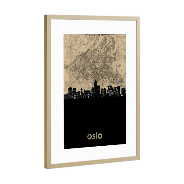 Poster mit Rahmen Gold "Oslo skyline map" artboxONE - Städte,Architektur,Kartografie