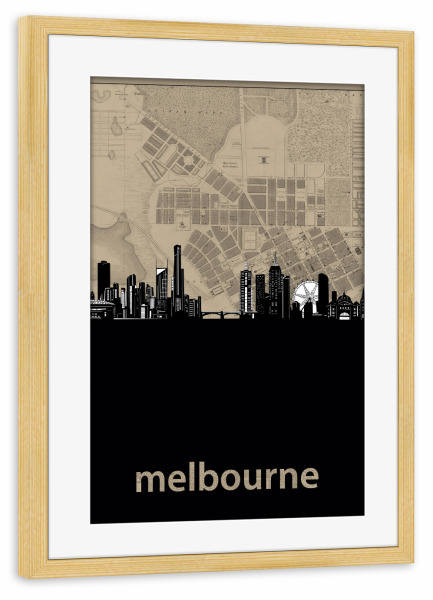 Poster mit Rahmen kiefer "Melbourne skyline map" artboxONE - Städte,Reise,Architektur,Kartografie