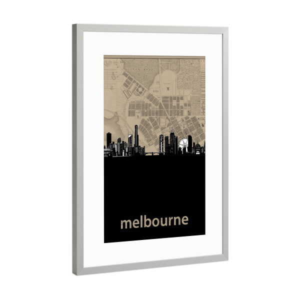 Poster mit Rahmen Silber "Melbourne skyline map" artboxONE - Städte,Reise,Architektur,Kartografie