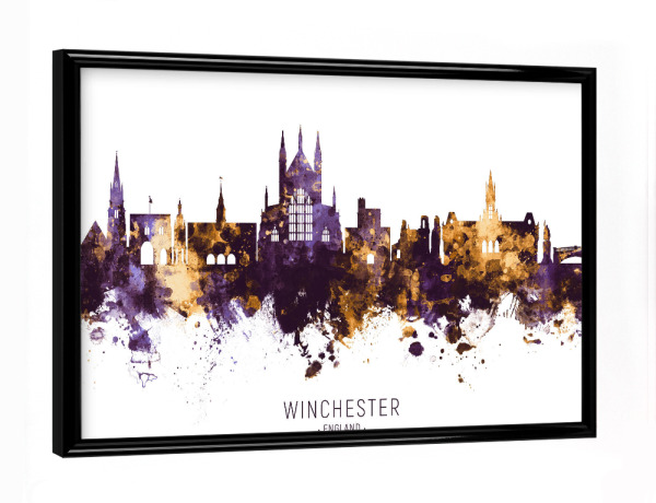 Poster mit schwarzem Rahmen "Winchester Skyline PurpleGold" artboxONE - Städte - Winchester,England,Skyline,Cityscape,Stadtbild,Watercolor,City