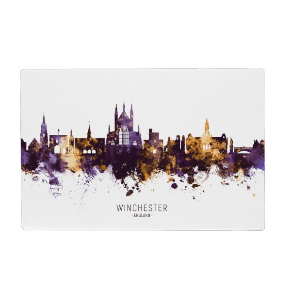 Metall Poster "Winchester Skyline PurpleGold" artboxONE - Städte - Winchester,England,Skyline,Cityscape,Stadtbild,Watercolor,City - Blechschild