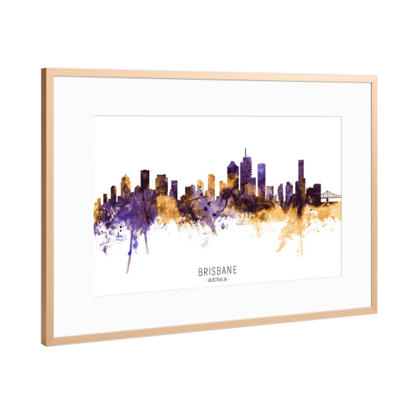 Poster mit Rahmen Kupfer "Brisbane Skyline PurpleGold" artboxONE - Städte - Brisbane,Australia,Skyline,Cityscape,Stadtbild,Watercolor,City