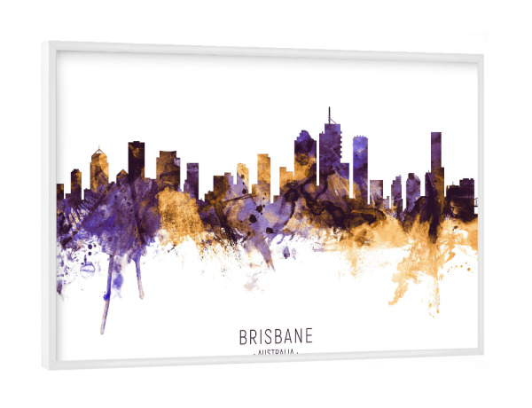 Poster mit weißem Rahmen "Brisbane Skyline PurpleGold" artboxONE - Städte - Brisbane,Australia,Skyline,Cityscape,Stadtbild,Watercolor,City