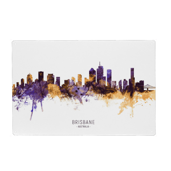 Metall Poster "Brisbane Skyline PurpleGold" artboxONE - Städte - Brisbane,Australia,Skyline,Cityscape,Stadtbild,Watercolor,City - Blechschild