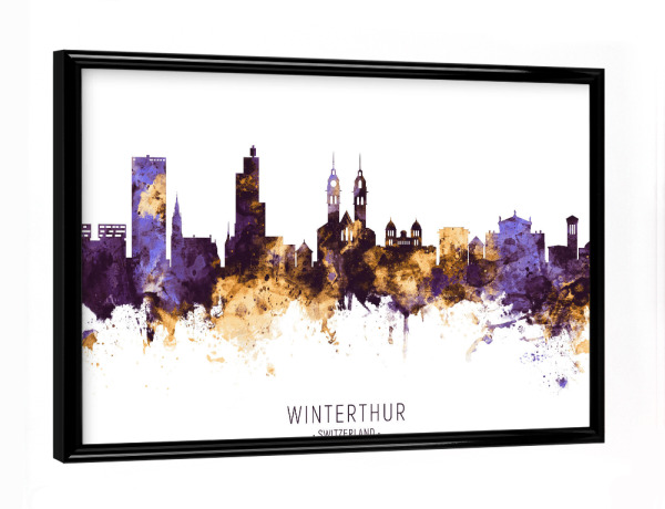 Poster mit schwarzem Rahmen "Winterthur Skyline PurpleGold" artboxONE - Städte - Winterthur,Switzerland,Skyline,Cityscape,Stadtbild,Watercolor,City