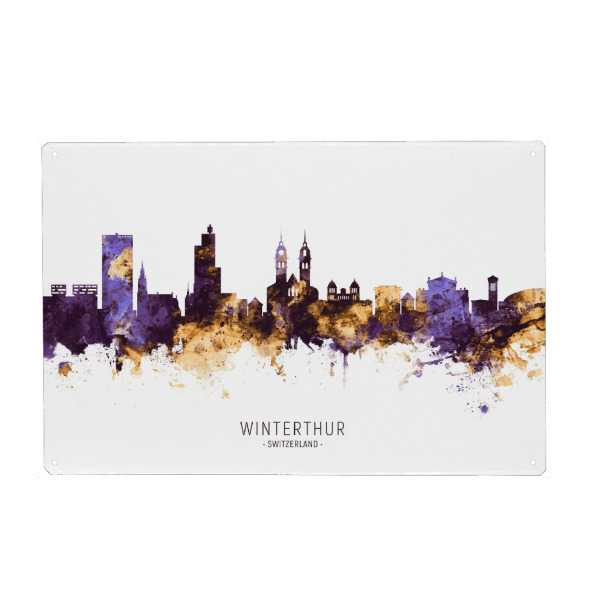 Metall Poster "Winterthur Skyline PurpleGold" artboxONE - Städte - Winterthur,Switzerland,Skyline,Cityscape,Stadtbild,Watercolor,City - Blechschild
