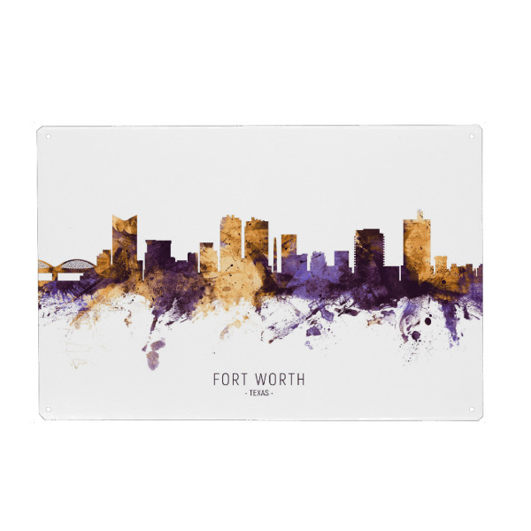 Metall Poster "Fort Worth Skyline PurpleGold" artboxONE - Städte - Fort worth,Texas,Skyline,Cityscape,Stadtbild,Watercolor,City,Usa - Blechschild