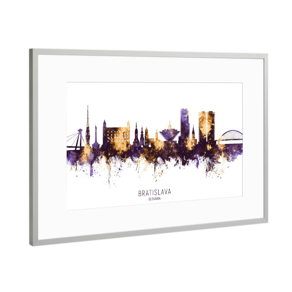 Poster mit Rahmen Silber "Bratislava Skyline PurpleGold" artboxONE - Städte - Bratislava,Slovakia,Skyline,Cityscape,Stadtbild,Watercolor,City