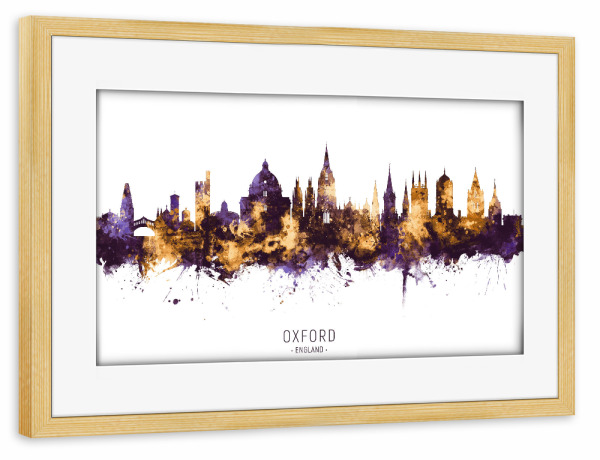Poster mit Rahmen kiefer "Oxford England Skyline PurpleGold" artboxONE - Städte - Oxford,England,Skyline,Cityscape,Stadtbild,Watercolor,City