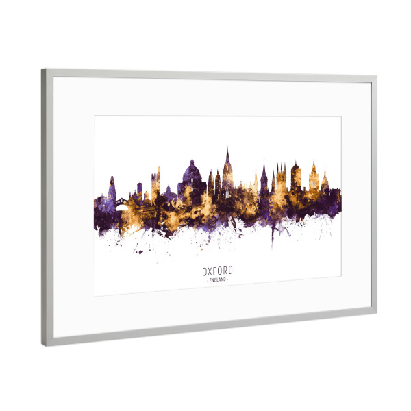 Poster mit Rahmen Silber "Oxford England Skyline PurpleGold" artboxONE - Städte - Oxford,England,Skyline,Cityscape,Stadtbild,Watercolor,City