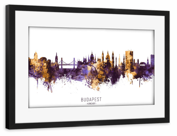 Poster mit Rahmen schwarz "Budapest Skyline PurpleGold" artboxONE - Städte - Budapest,Hungary,Skyline,Cityscape,Stadtbild,Watercolor,City