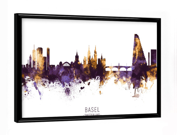 Poster mit schwarzem Rahmen "Basel Skyline PurpleGold" artboxONE - Städte - Basel,Switzerland,Skyline,Cityscape,Stadtbild,Watercolor,City