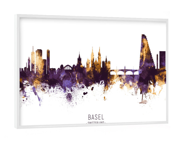 Poster mit weißem Rahmen "Basel Skyline PurpleGold" artboxONE - Städte - Basel,Switzerland,Skyline,Cityscape,Stadtbild,Watercolor,City