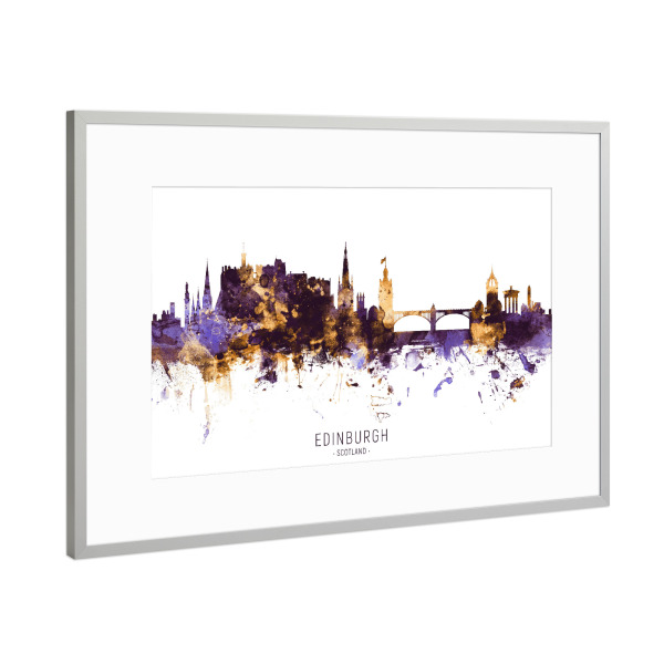 Poster mit Rahmen Silber "Edinburgh Skyline PurpleGold" artboxONE - Städte - Edinburgh,Scotland,Skyline,Cityscape,Stadtbild,Watercolor,City