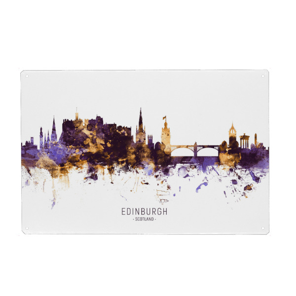 Holzbild "Edinburgh Skyline PurpleGold" artboxONE - Städte - Edinburgh,Scotland,Skyline,Cityscape,Stadtbild,Watercolor,City