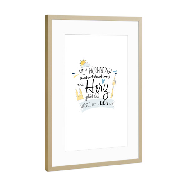 Poster mit Rahmen Gold "Hey Nürnberg - Ich liebe dich !" artboxONE - Städte,Typografie,Liebe - Nürnberg,Stadt,Deutschland,Liebe,Typo,Wahrzeichen