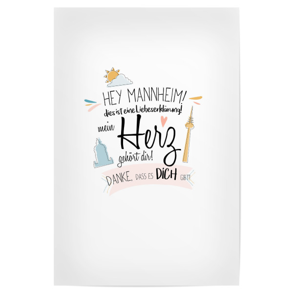 Poster 30x20 cm "Hey Mannheim - Ich liebe dich !" artboxONE - Städte,Typografie,Liebe - Mannheim,Stadt,Deutschland,Typo,Liebe,Wahrzeichen