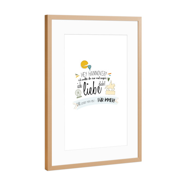 Poster mit Rahmen Kupfer "Hey Hannover - Ich liebe dich !" artboxONE - Städte,Typografie,Liebe - Hannover,Deutschland,Stadt,Wahrzeichen,Liebe,Typo