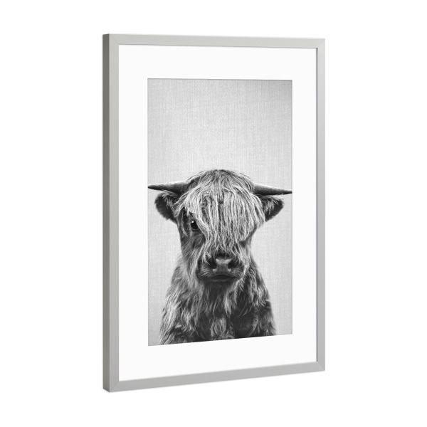 Poster mit Rahmen Silber "Highland Calf - Black & White" artboxONE - Natur,Für Kinder,Tiere,Schwarzweiß,Lustig