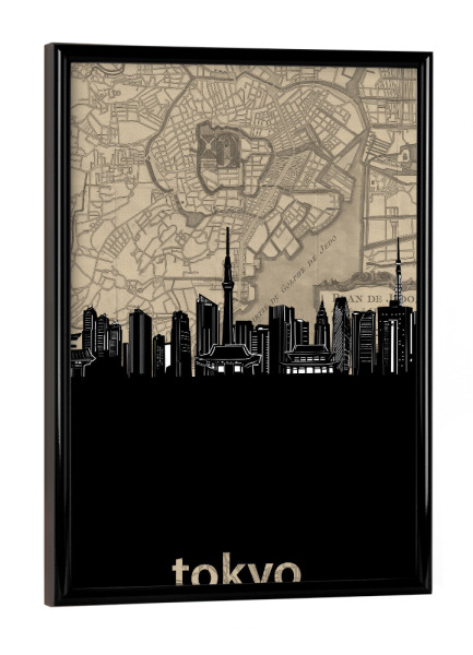 Poster mit schwarzem Rahmen "Tokyo skyline map" artboxONE - Städte,Architektur,Städte / Tokio,Kartografie