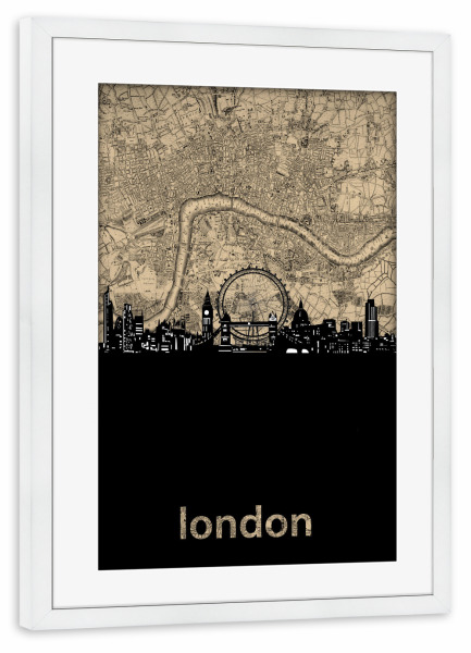Poster mit Rahmen weiß "London skyline map" artboxONE - Städte,Städte / London,Reise,Architektur,Kartografie