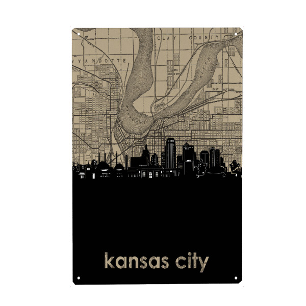 Holzbild "Kansas city skyline map" artboxONE - Städte,Reise,Architektur,Kartografie