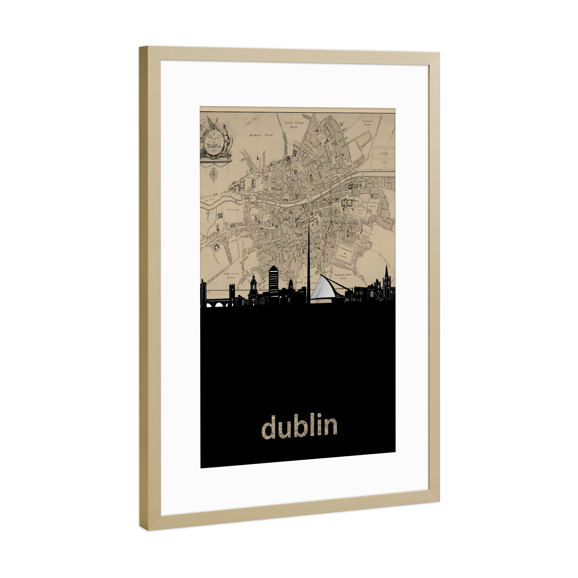 Poster mit Rahmen Gold "Dublin skyline map" artboxONE - Städte,Reise,Architektur,Kartografie