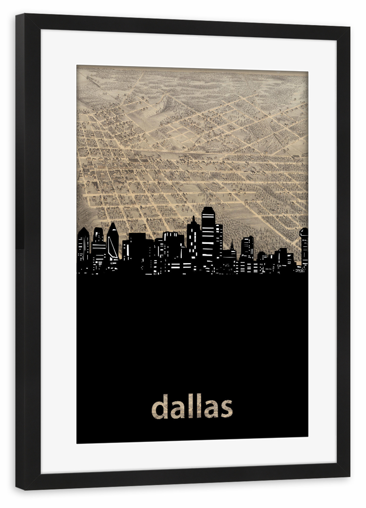 Poster mit Rahmen schwarz "Dallas skyline map" artboxONE - Städte,Architektur